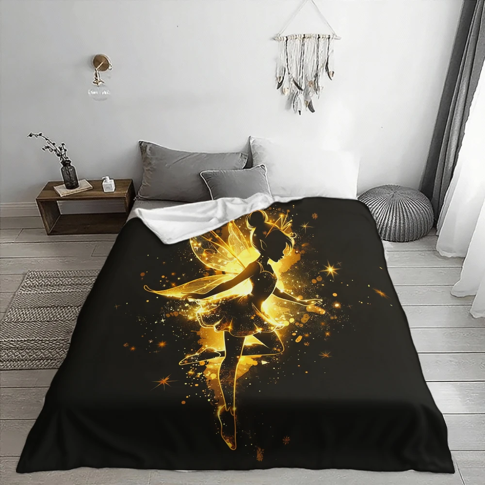 Golden Fairy Silhouette, for Fantasy Lovers, Soft Blanket, Glowing Wings And Sparkles Design, Multi-Purpose Home Decor Gift, Coz