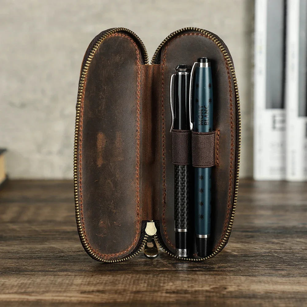 

Vintage Genuine Crazy Horse Leather 2 Slots Pen Case Pouch Holder Portage Small Pencil Bag for Rollerball Fountain Ballpoint Pen