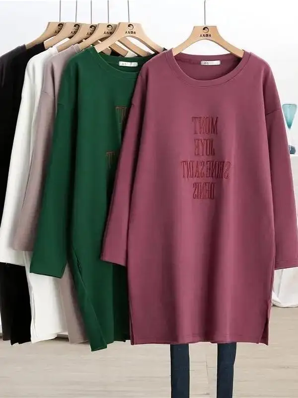 

Утепленный свитшот больших размеров с вышивкой, длинный рукав, базовый слой, корейский стиль, круглый вырез, средней длины, повседневная одежда