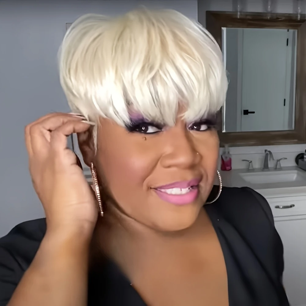 613 금발 컬러 스트레이트 인간의 머리 가발 여성용 픽시 컷 가발 전체 기계 제작 가발 150% 밀도 6인치