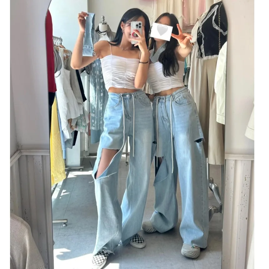 

Retro Versatile Personality Distressed Design Wide Leg Jeans Long Pants High Waist Casual Style Blue Cotton Non-Stretch