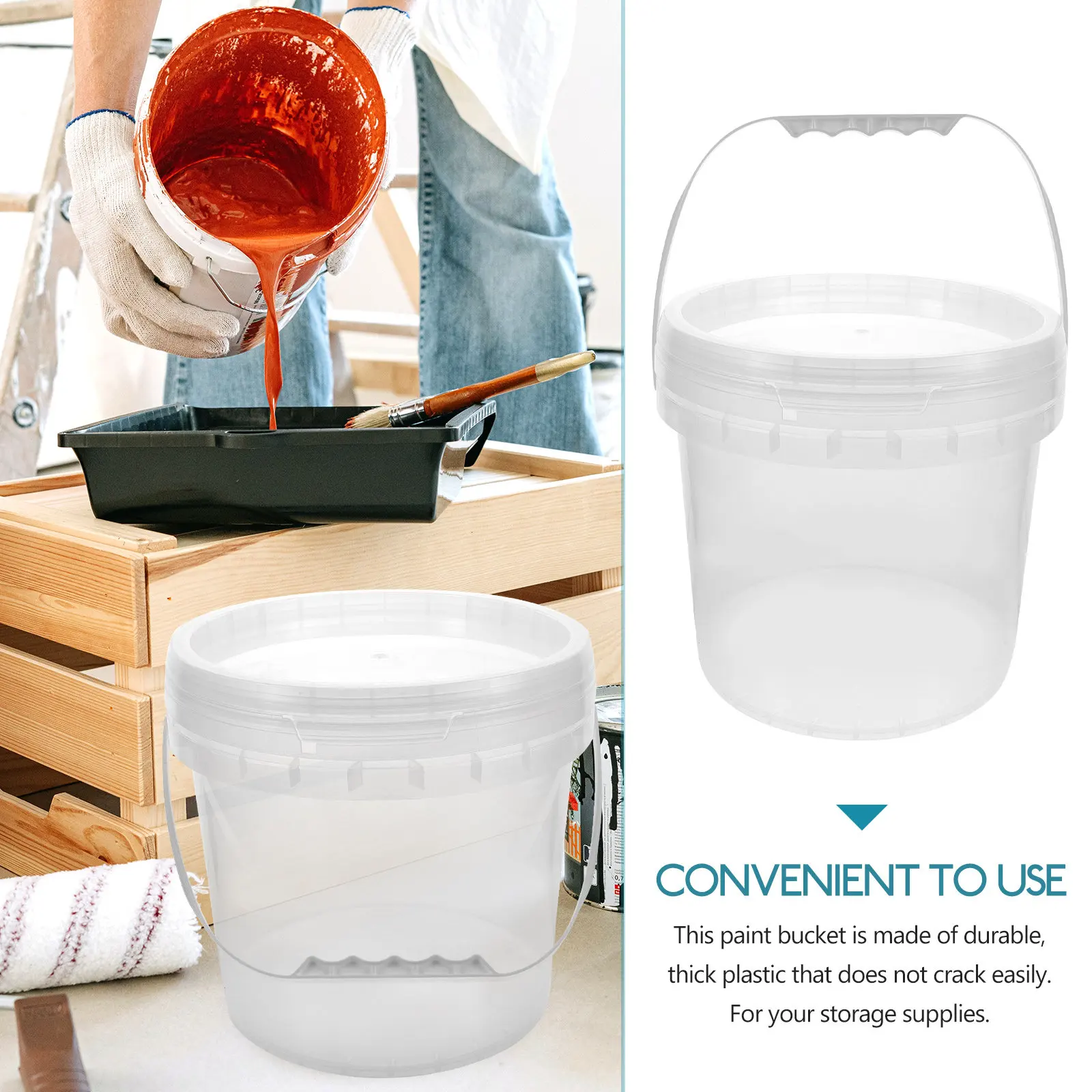 Paint Bucket with Lid Heavy Duty Plastic Storage Container for Leftover Paint Round Pigment Container with Iron Handle Sturdy