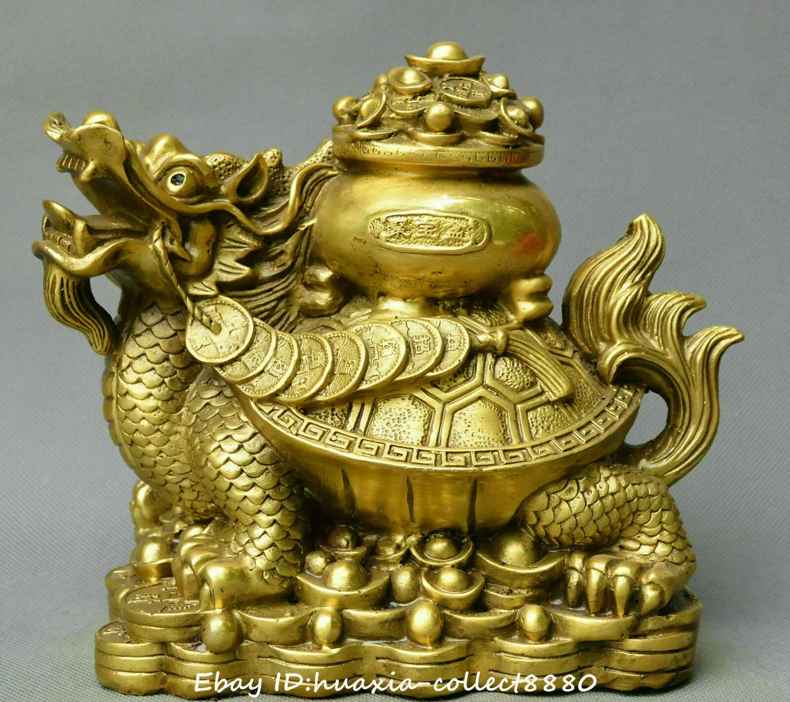 Chinese fengshui old bronze dragon turtle money fortunes treasure bowl statue