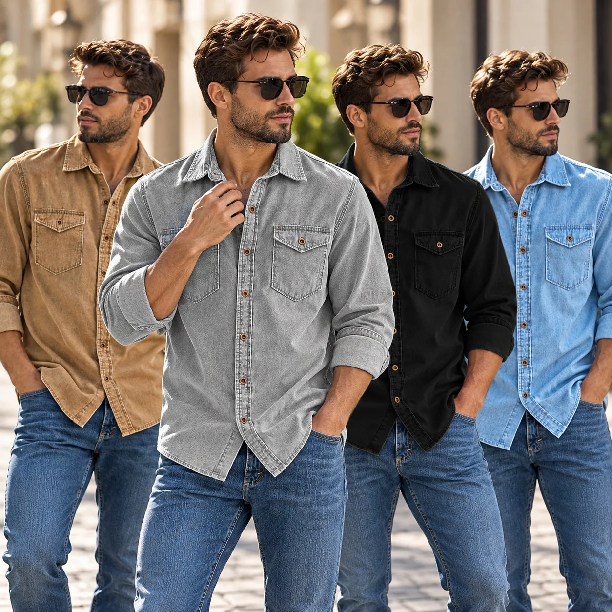 Fitted Cut Shirt Cardigan European and American Style with Notched Lapel Blouse Daily Wear Long Sleeve Patchwork Men Shirts