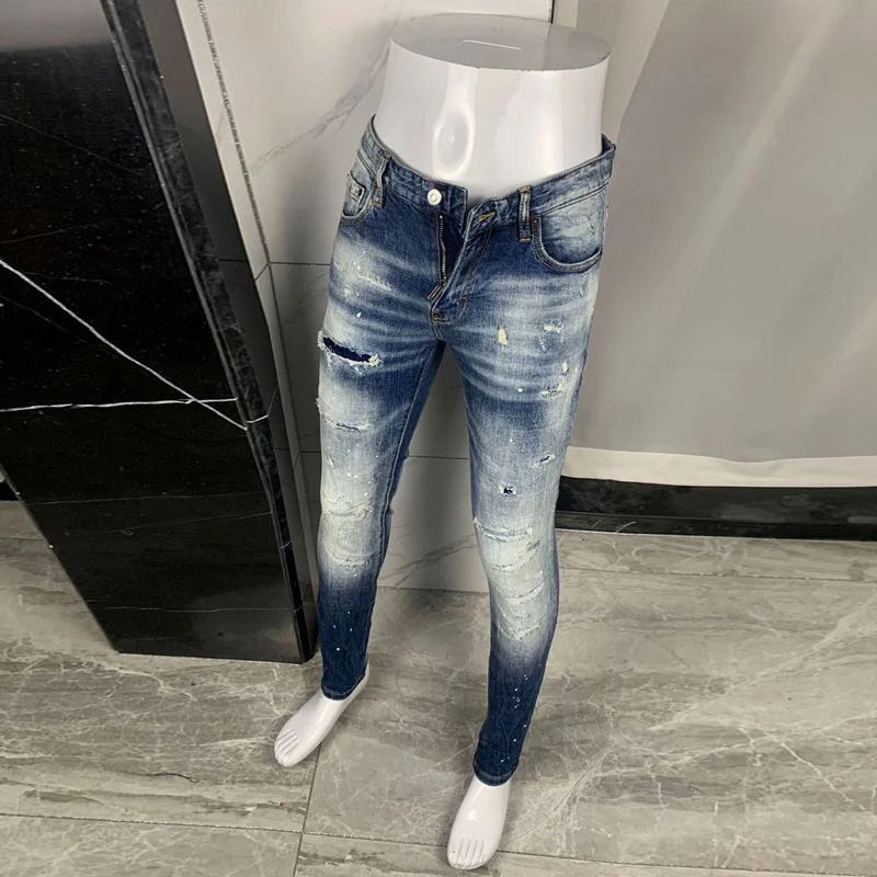 High Street Fashion Men Jeans Retro Blue Stretch Slim Fit Patched Ripped Jeans Men Brand Designer Vintage Denim Pants Hombre