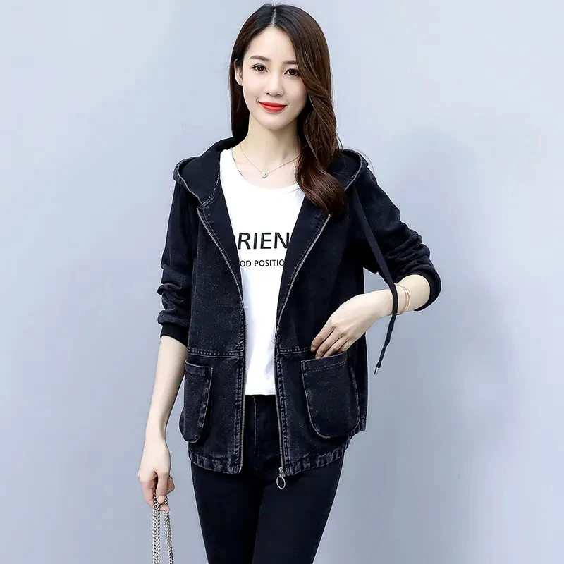 2024 New Fashion All-match Loose Jeans Coat Female Spring Autumn Embroidery Large Size Hooded Outwear Denim Jacket Women Spring