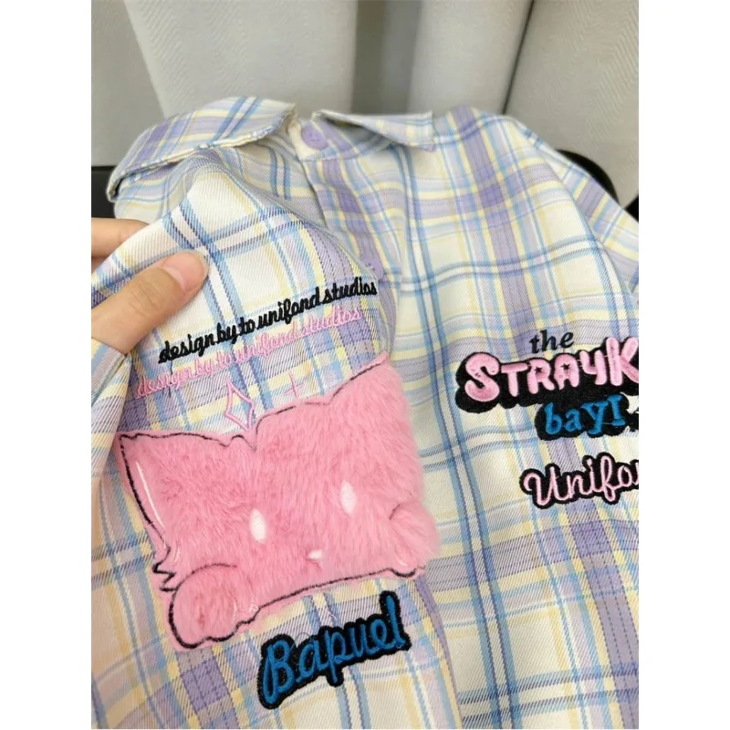 QWEEK Korean Style Plaid Shirt Sweet Letter Print Youth Loose Women's Blouse Cute Embroidery Preppy Long Sleeve Clothes Autumn