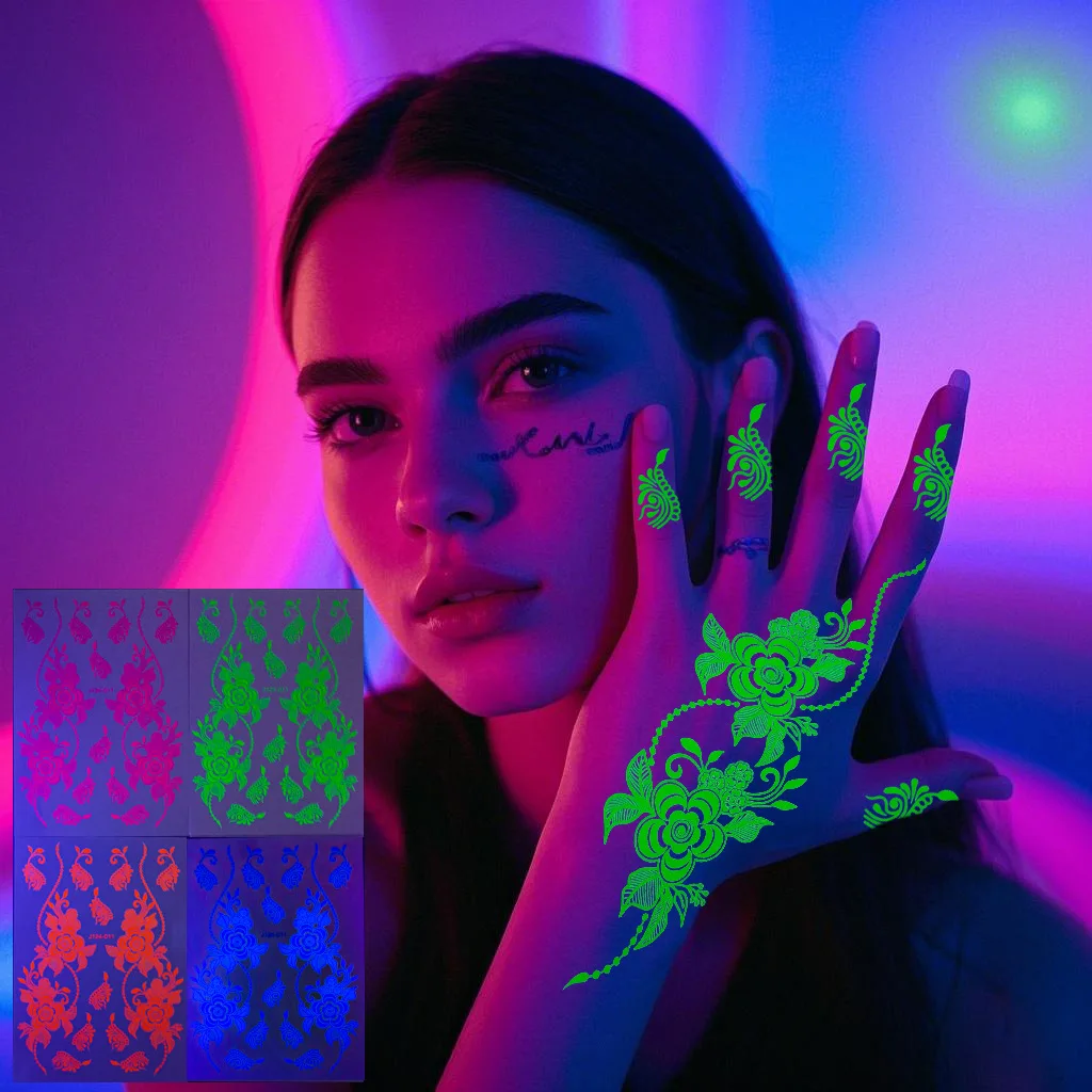 

New Henna luminous fluorescent tattoo sticker neon music festival Henna arm white lace sticker