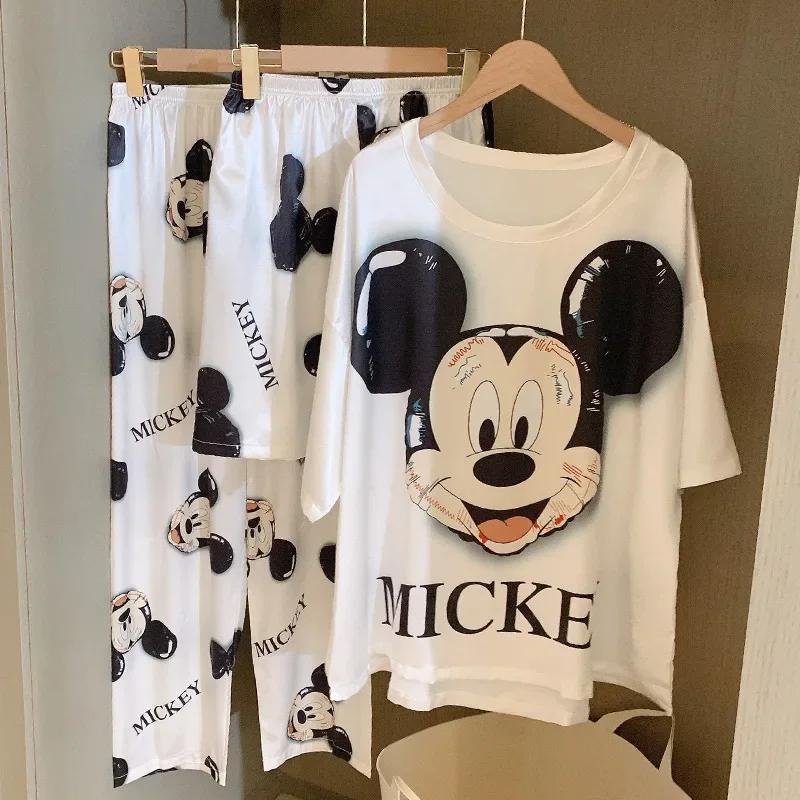 Disney New Mickey Mouse Three-Piece Pajamas Silk Women\'s Casual and Lightweight Breathable Cool Cute Cartoon Home Pajamas