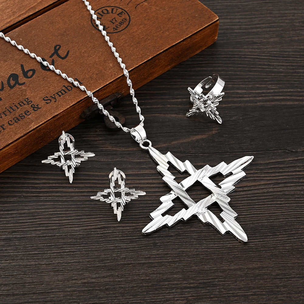 African Cross Necklace Earrings Ring Jewelry Sets Silver Color Ethiopian Eritrean Holiday Party Ornaments