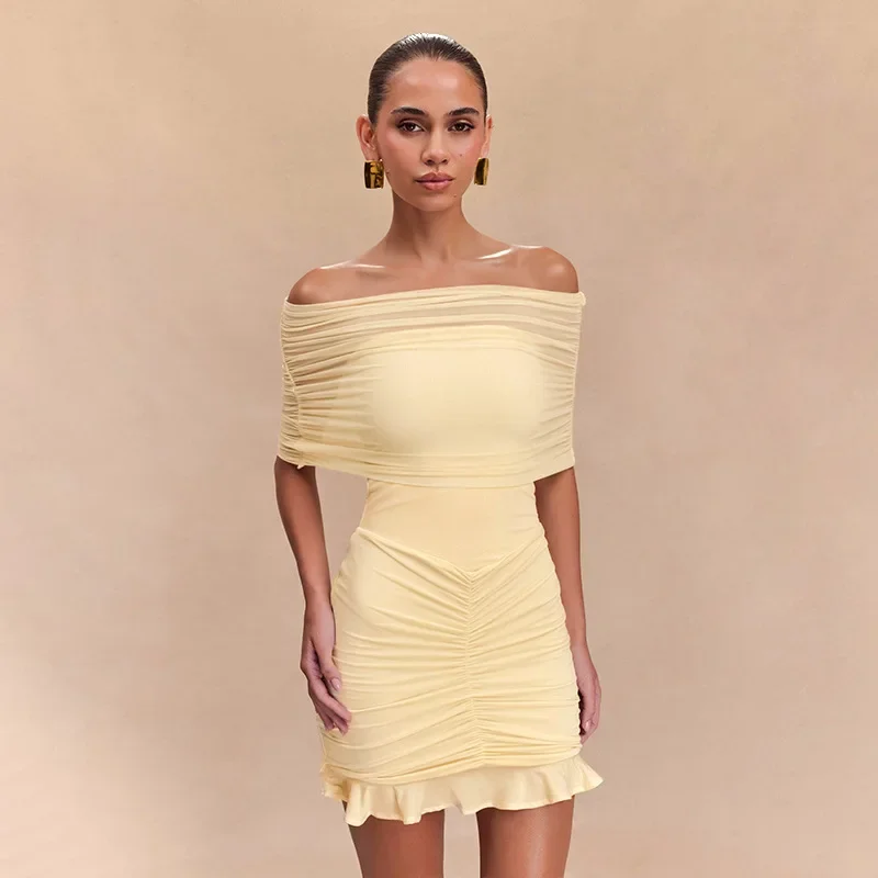 

New Women's Bustier Dresses Mesh Pleated One Shoulder Backless Splicing Mini Dresses Sexy Fashion Slim Short Dresses Party Club