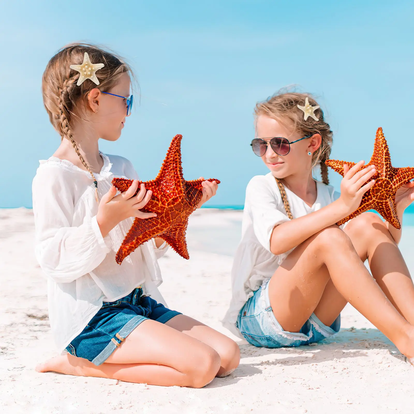 2Pcs Natural Starfish Hair Clips Handmade Sea-star Hair Clips Girls Cute Beach Theme Headwears Hair Accessories Jewellery gifts