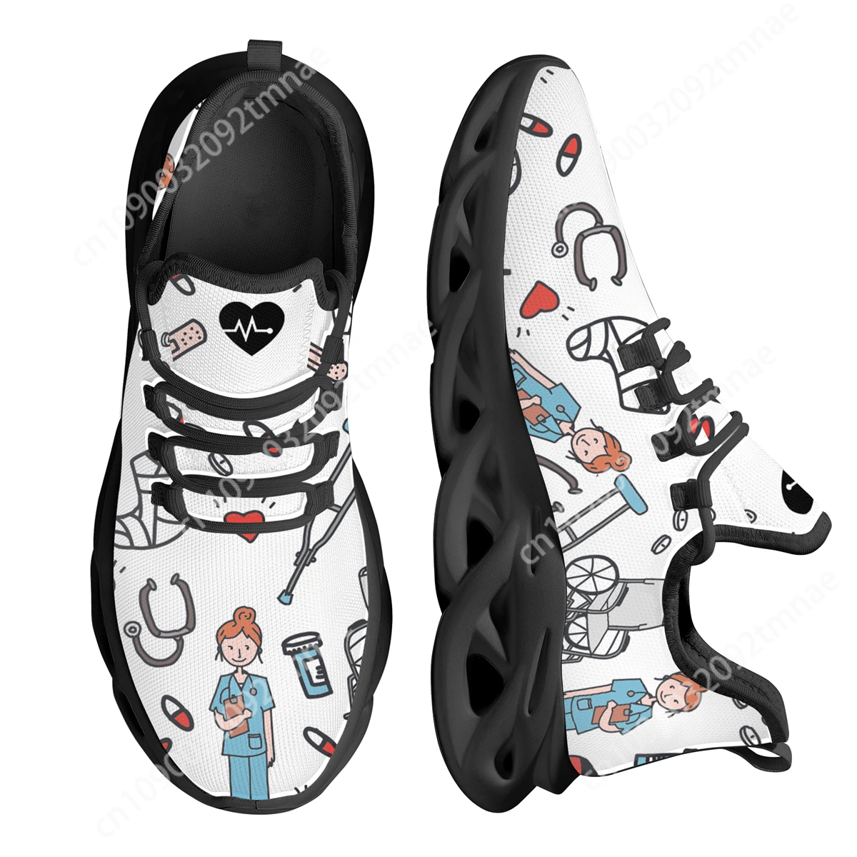 Cartoon Sketch Medical Nurse Print Flat Shoes Ladies Casual Lace Up Hospital Nursing Shoes Custom Personalized Pattern Sneakers