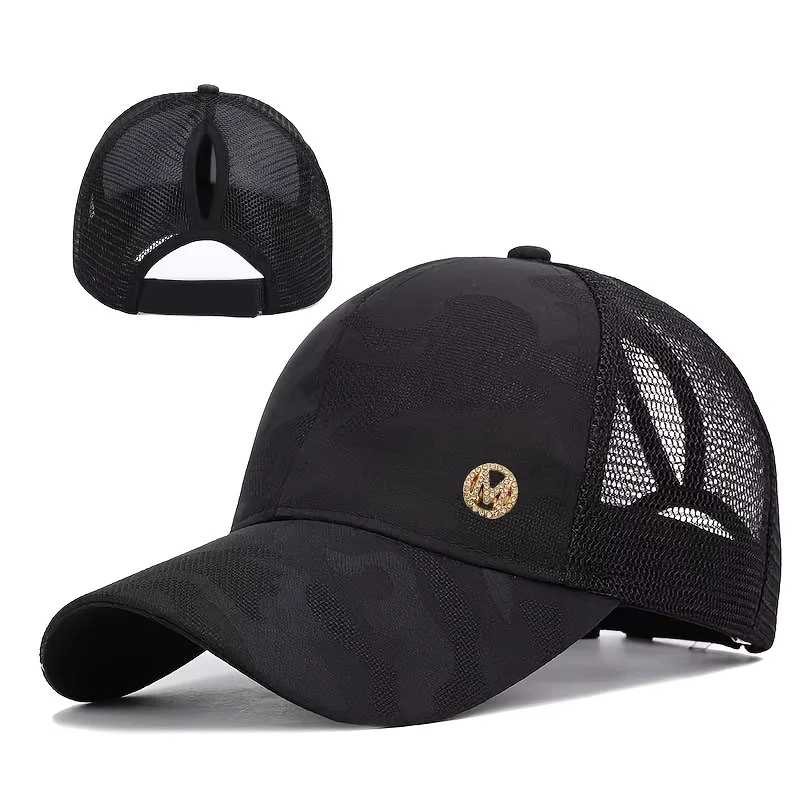 Women's Sporty High Ponytail Baseball Cap, Dark Pattern Camouflage Mesh Breathable Cap, Rhinestone M Logo Trendy Duckbill Cap