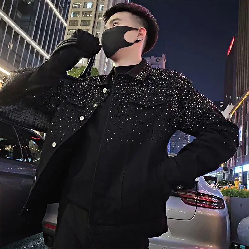 

GELITAYIN Man Coat Short Rhinestones Cargo Jacket For Men Black High Quality Harajuku New In Vintage Deals Korean Reviews Many C