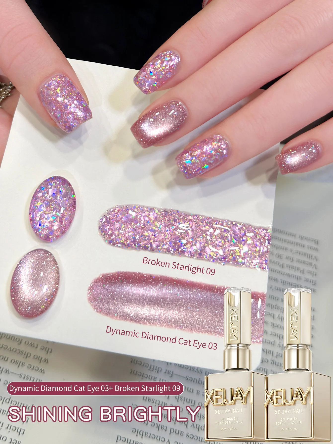 XEIJAYI 2Pcs 15ml Pink Cat Eye Glitter Gel Nail Polish Set,UV LED Soaking Nail Gel, Semi-Permanent, DIY Salon Quality Nail Art