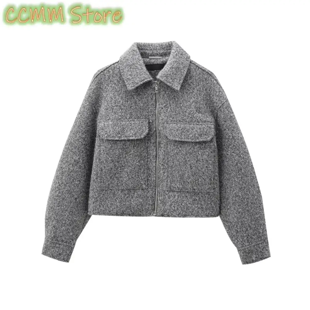 

Cropped Jacket with Pockets for Women, Long Sleeve Coat, Front Zipper, Female Outerwear, Chic Tops, Fashion