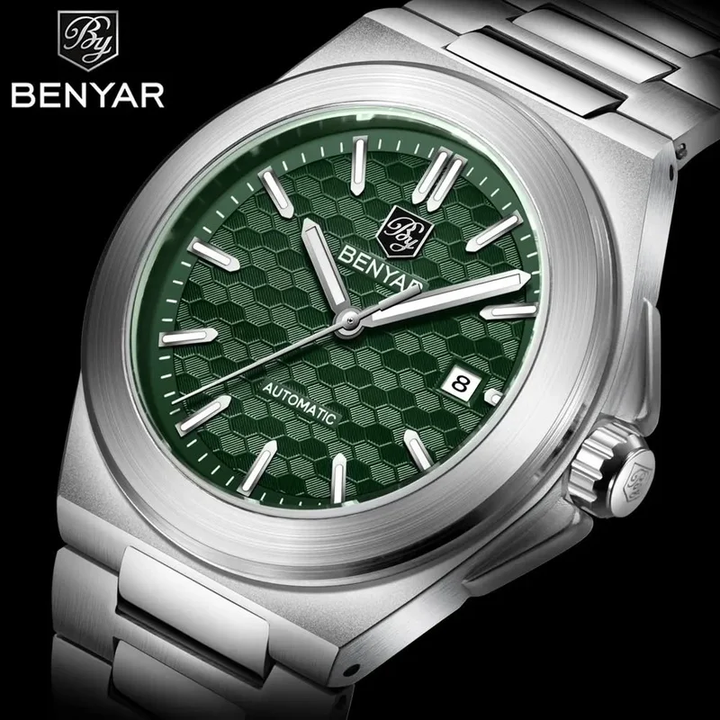 Benyar 2026 New Top Brand Men's Mechanical Watch Honeycomb Dial Stainless Steel Luminous 30 meter Waterproof Automatic Watch