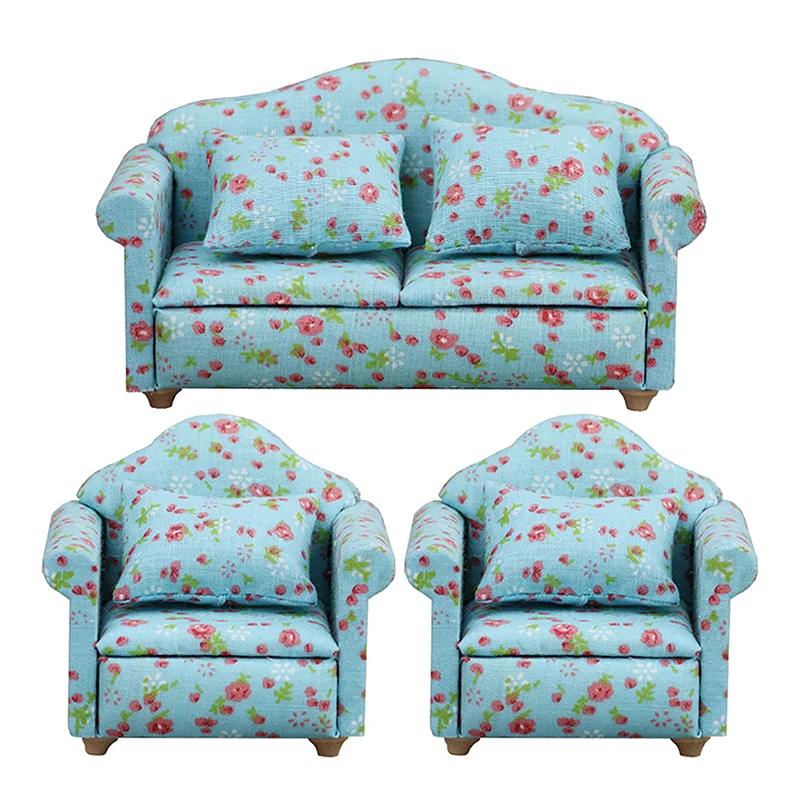 1/3Pcs 1:12 Dollhouse Miniature Single Sofa Double Sofa With Pillow Blue Background Red Small Floral Sofa Model Furniture Toys