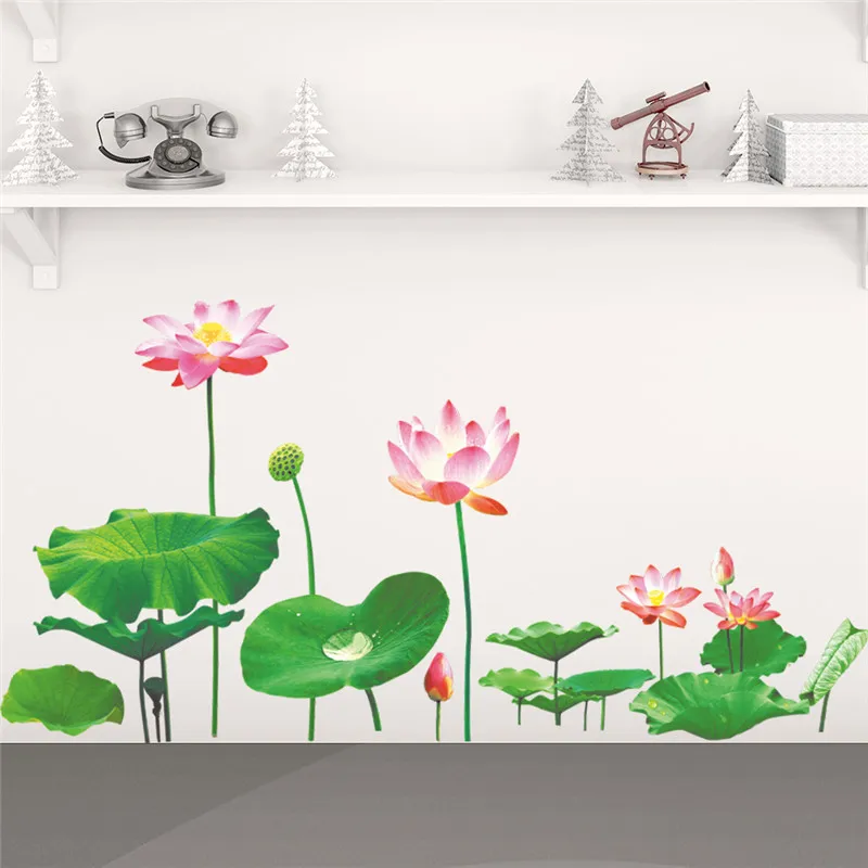 Lotus Leaf Flower Wall Sticker For Shop Office Home Decor 3d Vivid Pastoral Plant Mural Art Diy Pvc Wall Decal