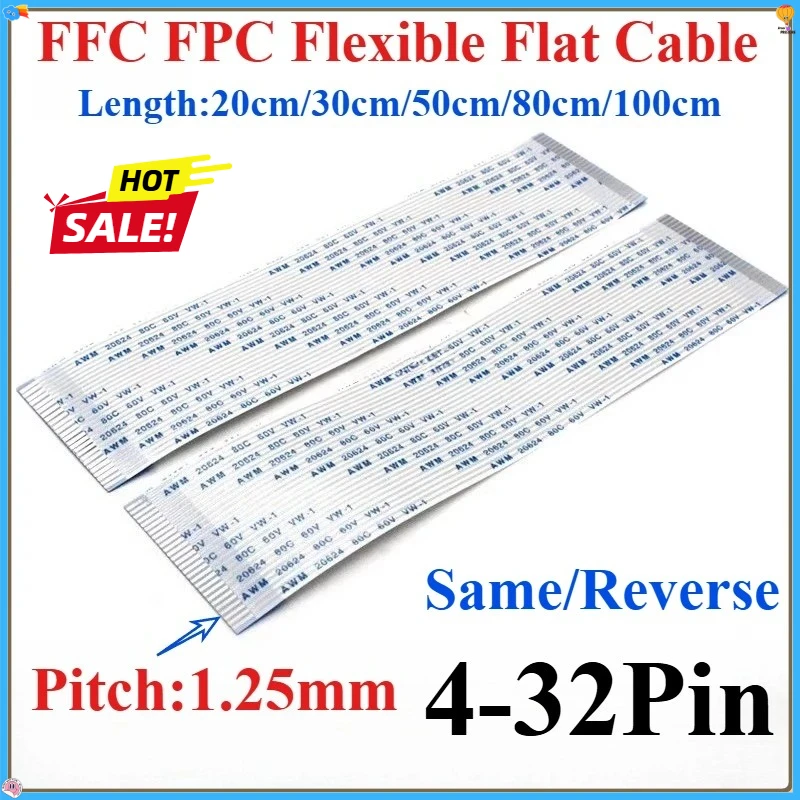 

2Pcs 20/30/50/80/100CM FPC FFC Flexible Flat Cable 1.25mm Pitch AWM 20624 80C 60V VW-1 4P/5/6/8/10/12/14/16/18/20/22/24/30/32Pin