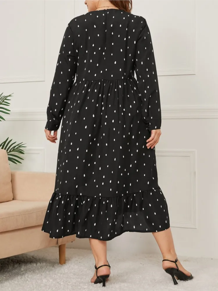 Plus Size Herfst Polka Dot Print Jurk Vrouwen Ruche Mode Losse Geplooide Dames Jurken Lange Mouw Vrouw Lange Jurk