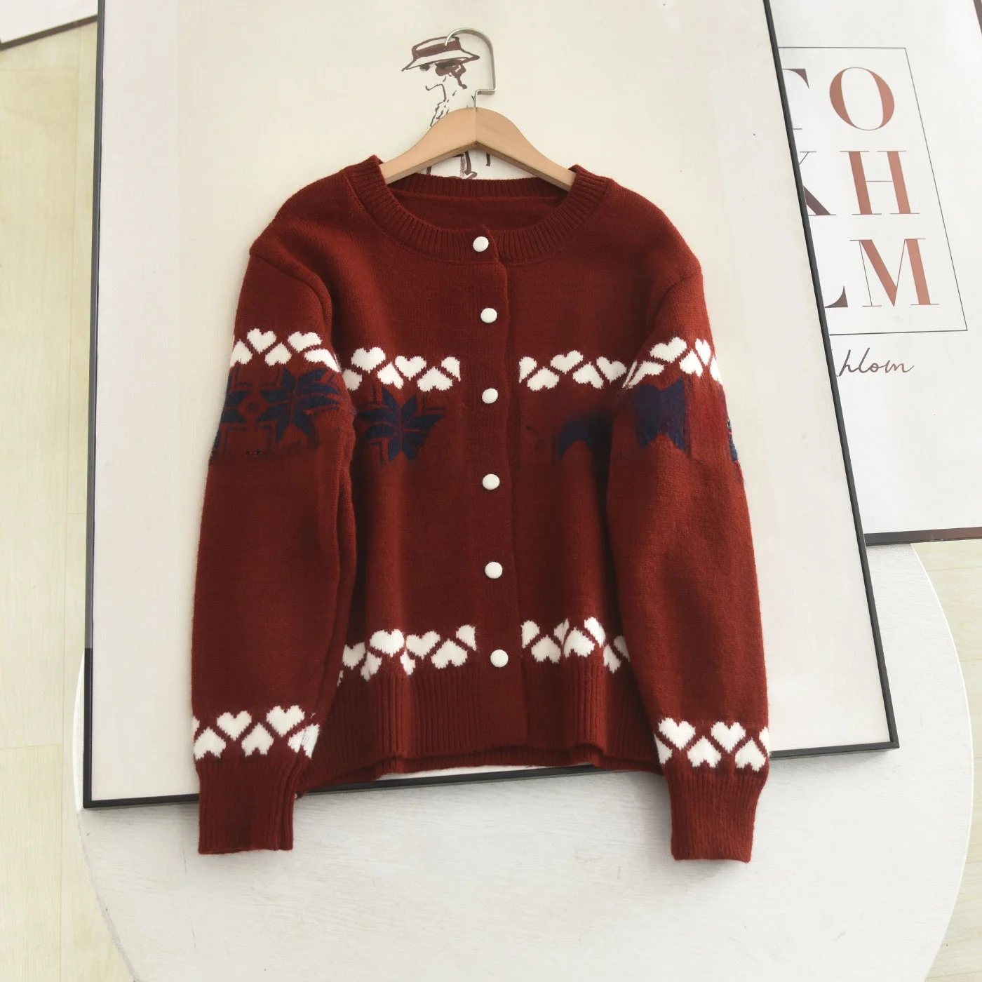 

Cisas Knitted Sweater Women's Cardigan Heart Pattern Slimming Versatile Long Sve round Ne Button up Coat Sle