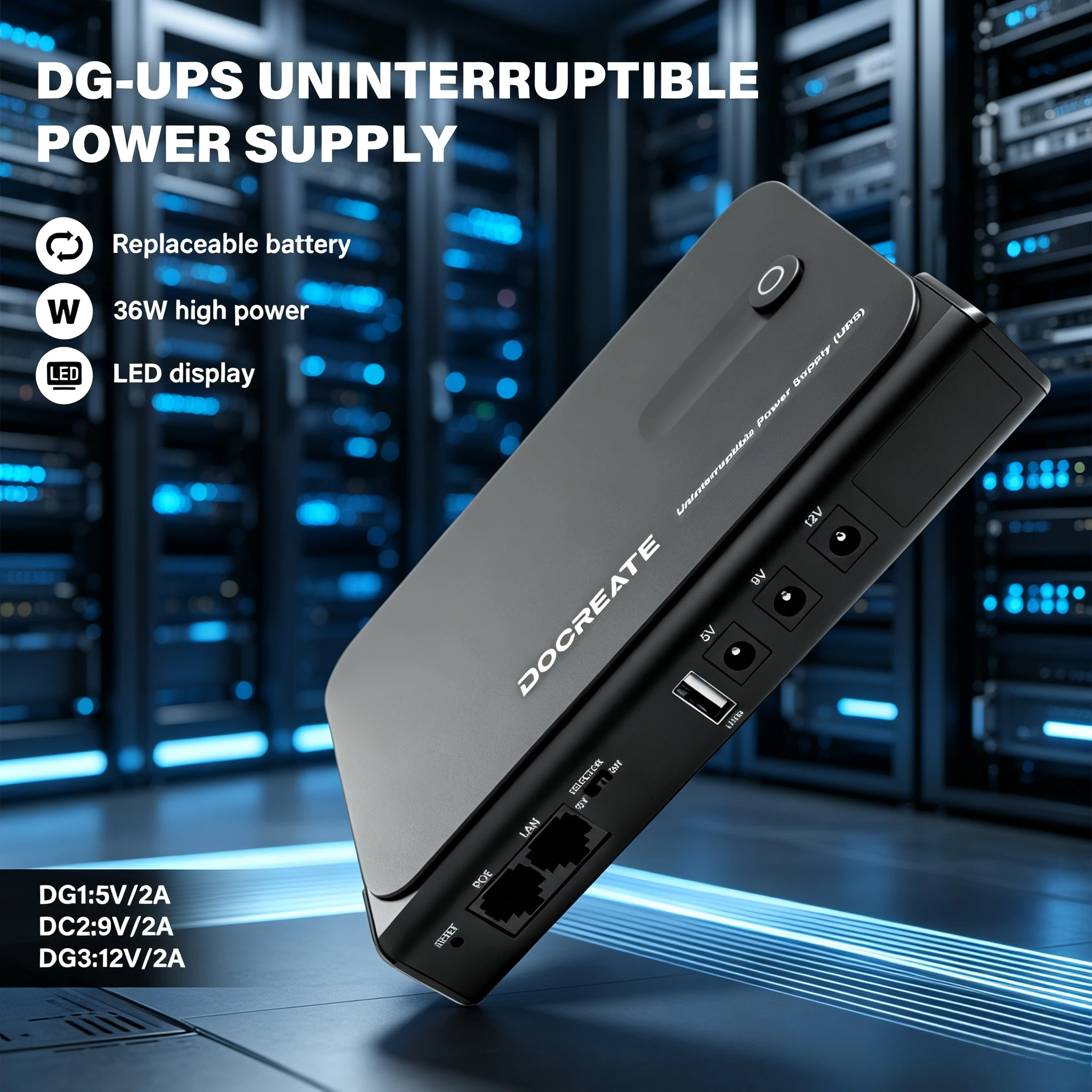 36W DC1036L UPS Uninterruptible Power Supply 5V-24V Output 18650 Replaceable Battery New EU Plug for Router NAS Modem & Network