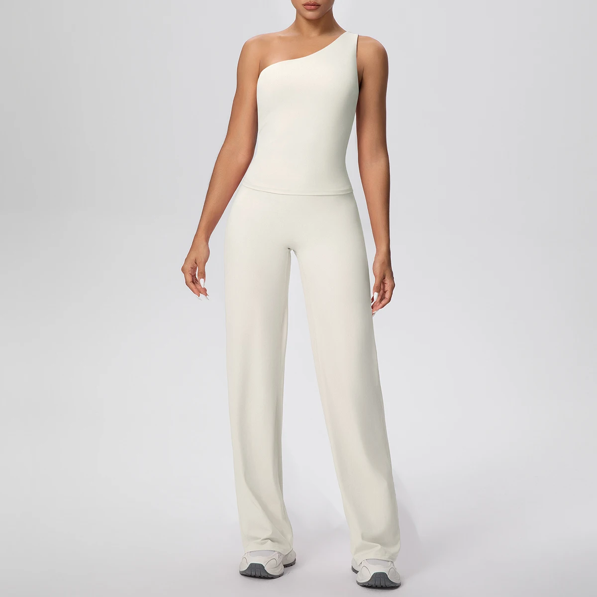 2PCS Summer Breathable Yoga Set for Woman Sexy Solid Color Single Shoulder Bra Breathable Quick Drying Wide Leg Pants Yoga Set