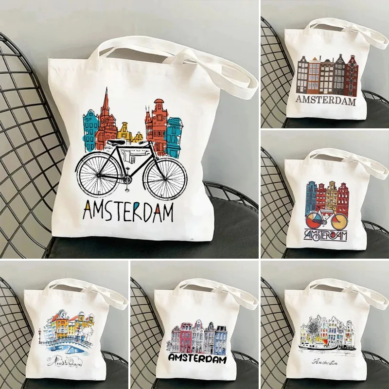 Women City View Amsterdam Shopping Bags Canal Houses Netherlands Canvas Shoulder Bag Handbag Tote Eco Shopper Reusable Handbags