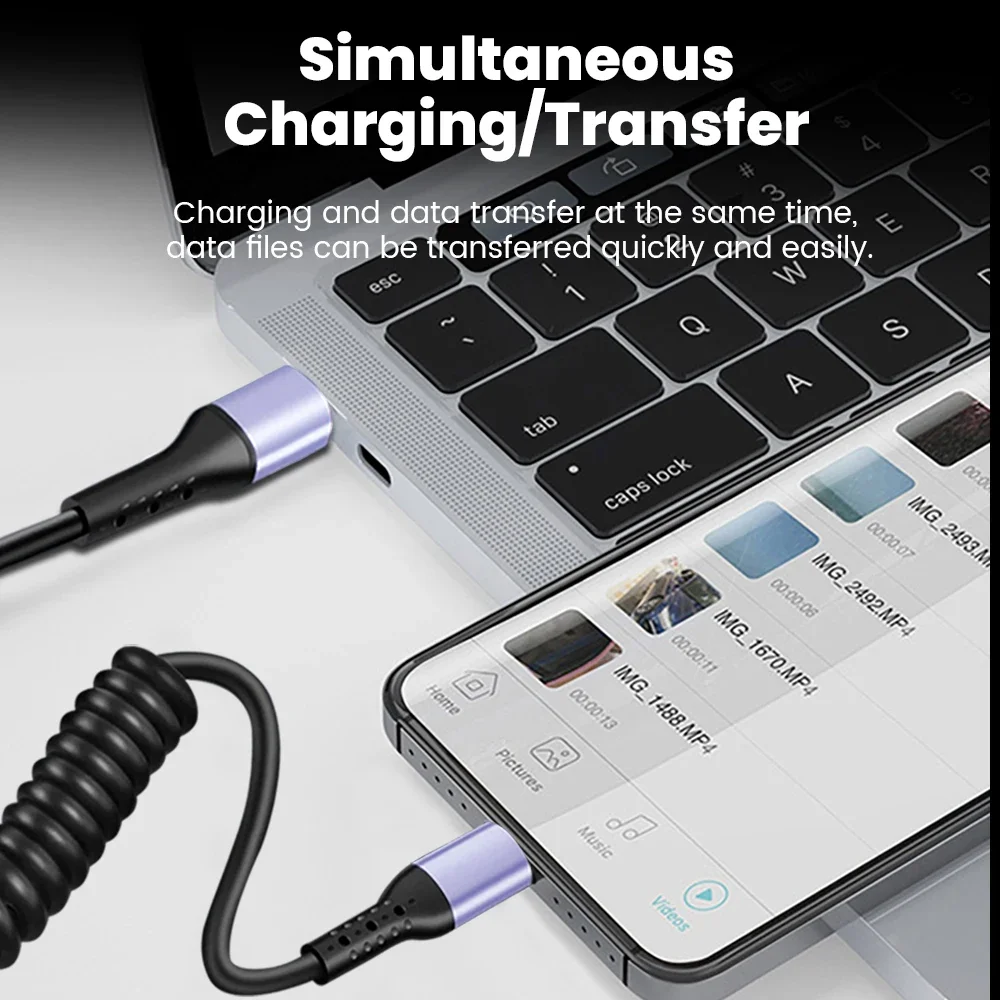 Car Spring Retractable Cable 66W Fast Charging Wire USB C TO USB C Cable For iPhone 15 Huawei Xiaomi Samsung USB Type C Cable