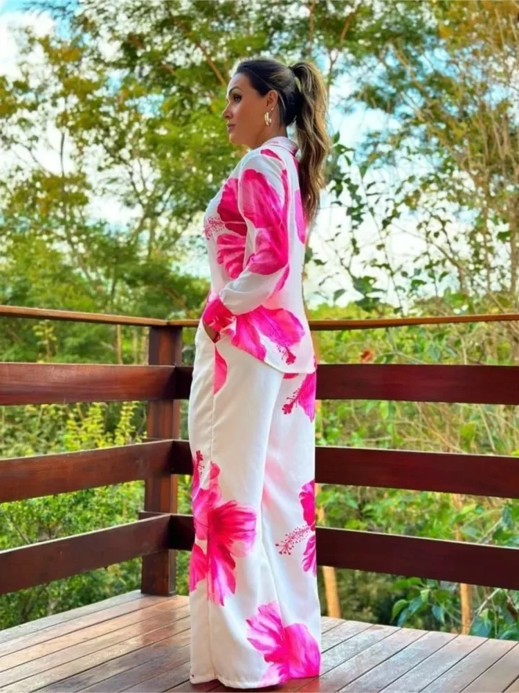 Women\'s 2-piece Set 2024 Spring Autumn Floral Printed Shirt Wide Leg Pants Set Fashion Office Women\'s Casual Daily Shirt Set