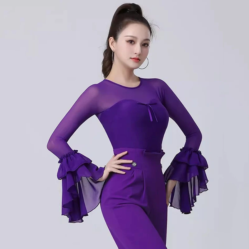 2024 New Latin Dance Top Women Performance Ballroom Leotard Clothes National Standard Waltz Bodysuit Tango Blouse Practice Wear