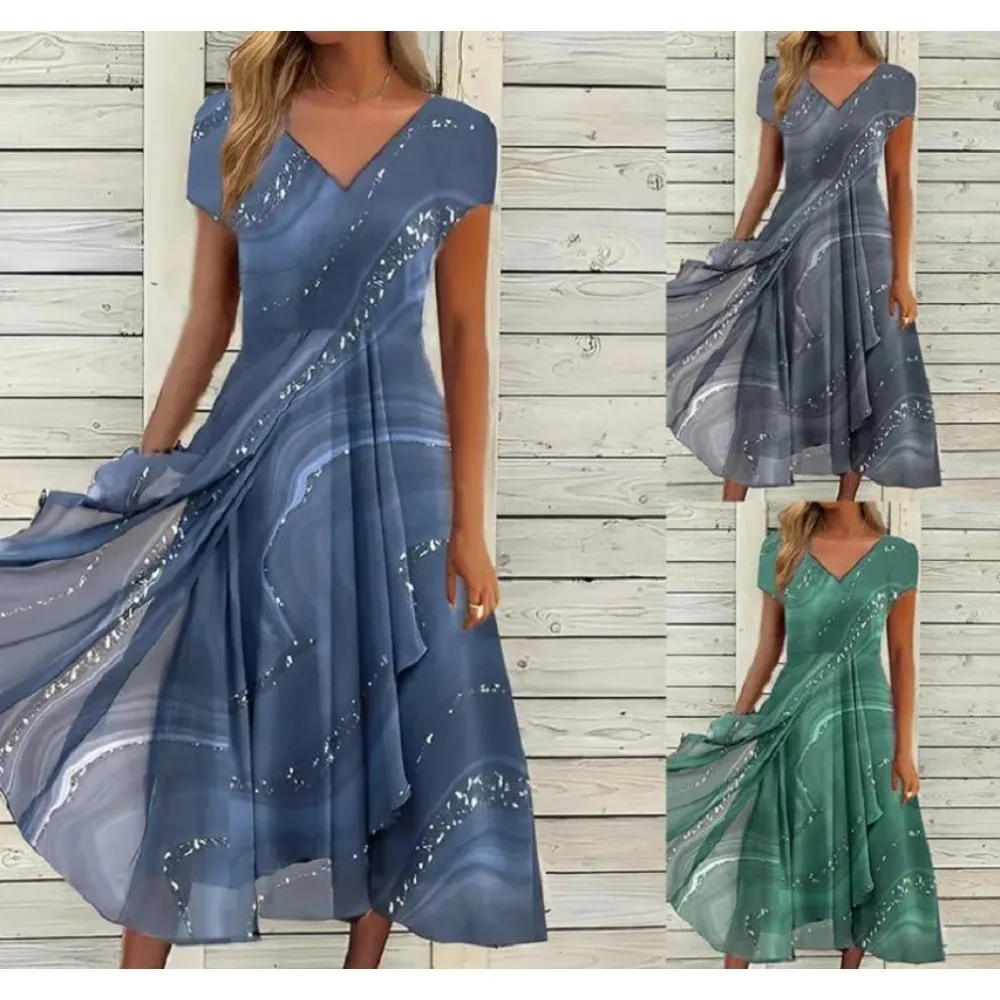 

2025 Women's Dress Casual Fashion Office Patchwork Summer Midi V-Neck Women Swear Sweet Dresses for WomenClothes Vestidos