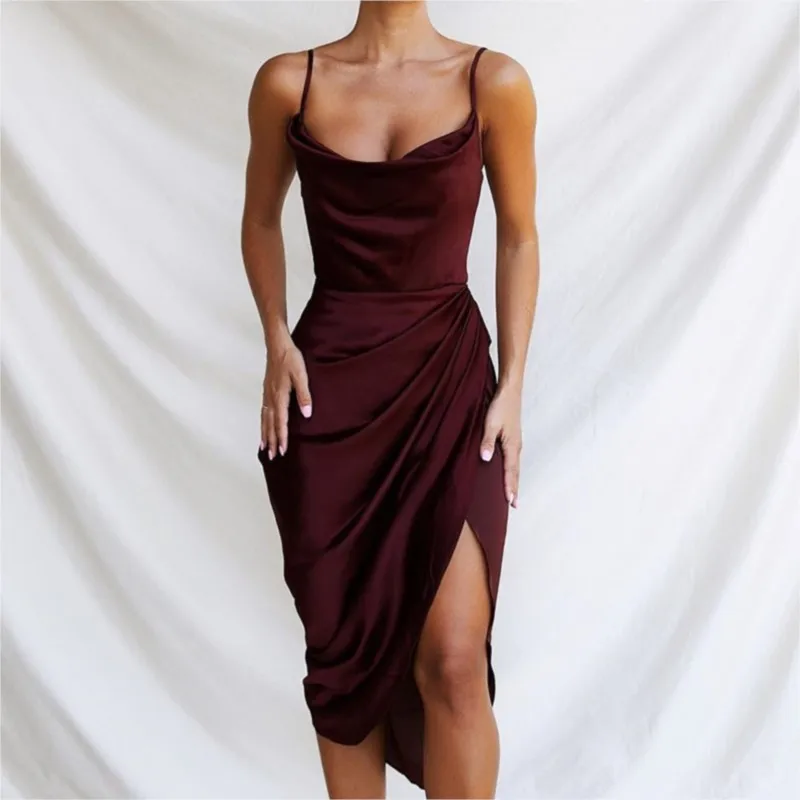 2024 Fashion Ruched Satin Summer Dress Drawstring Spaghetti Straps Cowl Neck Backless Long Dresses for Women Party Sexy Vestidos