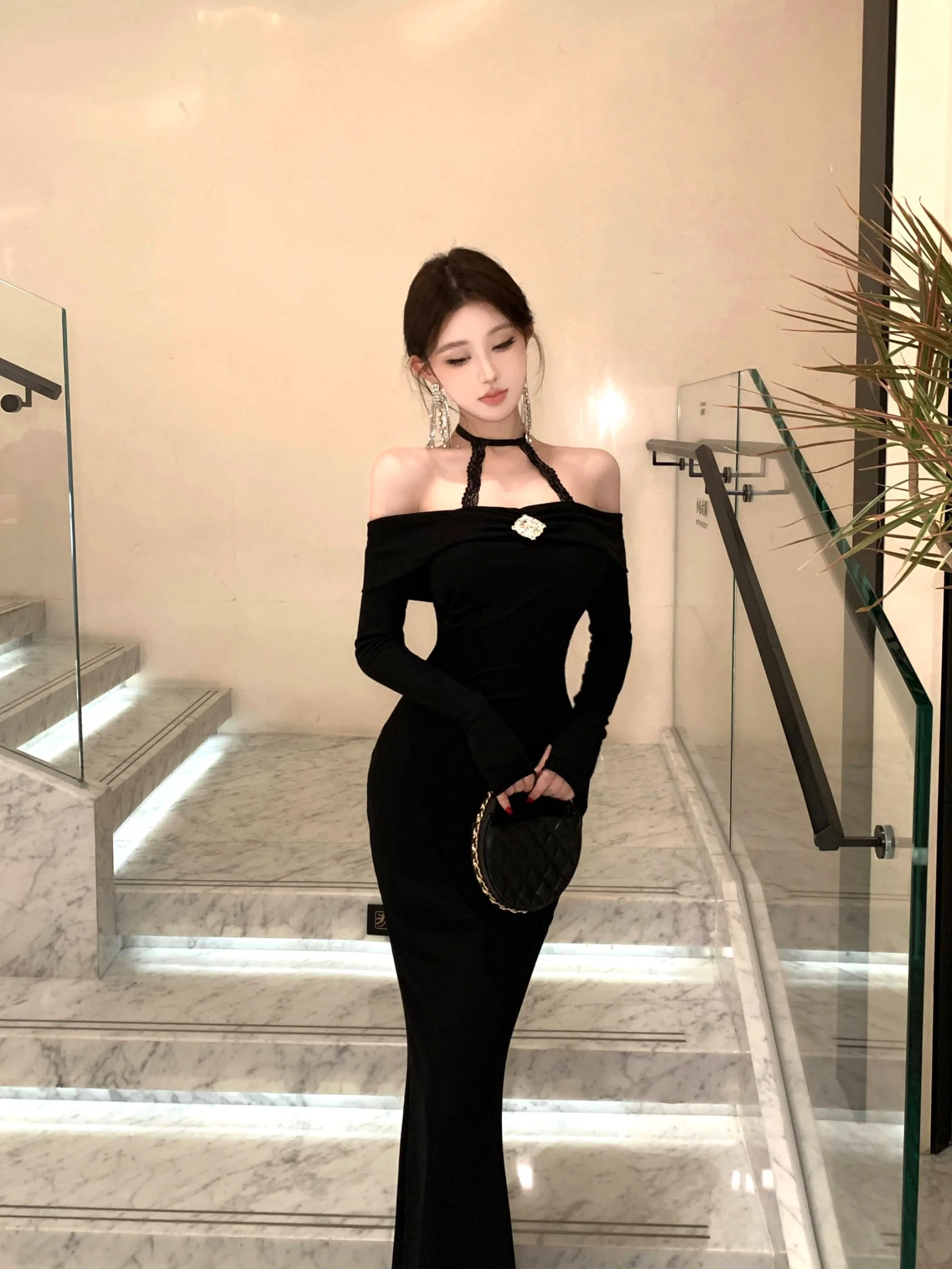 

Ele Длинное платье с высокой талией на одно плечо для женщин, осень-зима, облегающее платье Ne Hanging Dr, сексуальное длинное платье Ci Walk