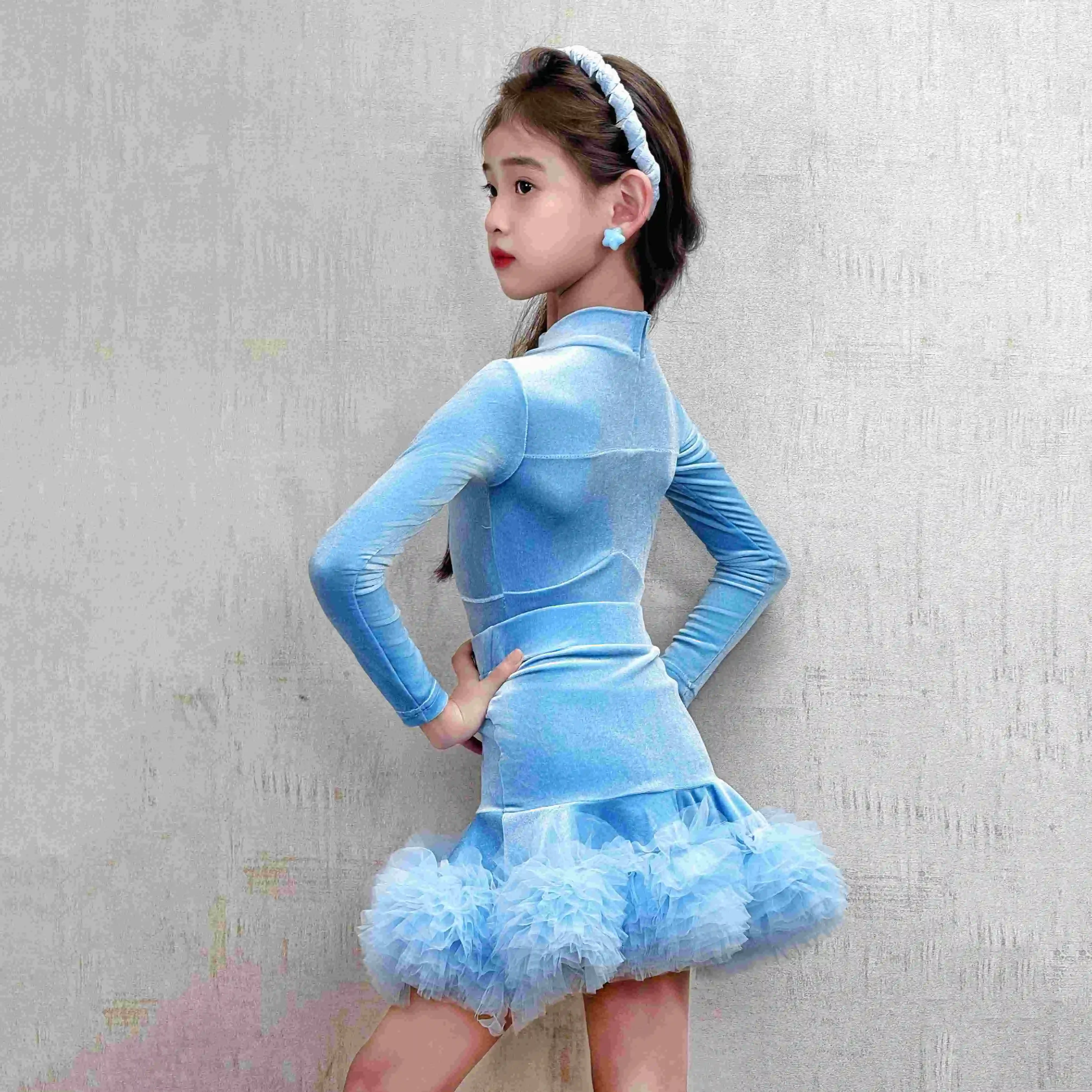 2025 어린이 라틴 댄스 의상 긴 소매 높은 칼라 풍성한 드레스 소녀 차차 룸바 댄스 드레스 대회용 드레스