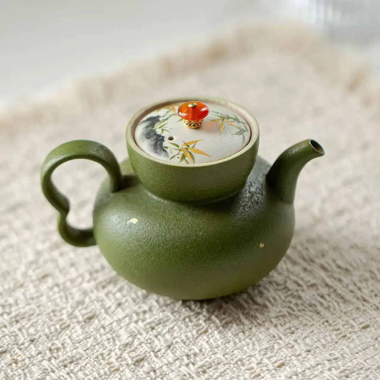 Tetera de Cerámica Antigua Pintada a Mano Verde Naranja con Bambú Dorado, Juego de Té Kung Fu, Tetera Doméstica con Filtro de Bola y Asa para Infusión Manual