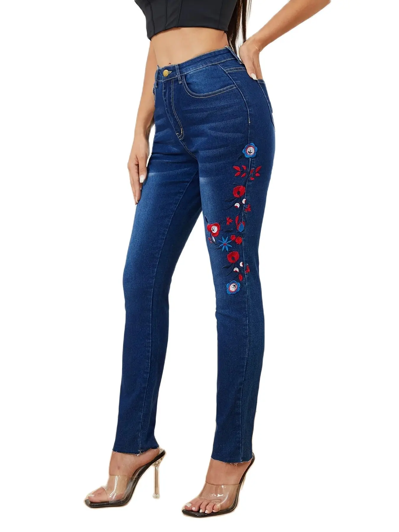 2023 Winter New Fashion Design Damskie haftowane dżinsy Wysokie elastyczne spodnie ołówkowe Casual Ladies Trousers S-XL