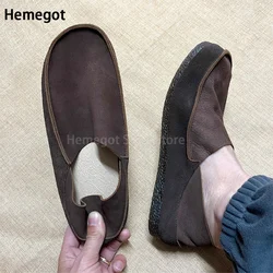 Breathable Cowhide Slip-On Loafers Men's Shoes Leather Single Shoes Retro Handcrafted Soft Soles Soft Leather Casual Shoe