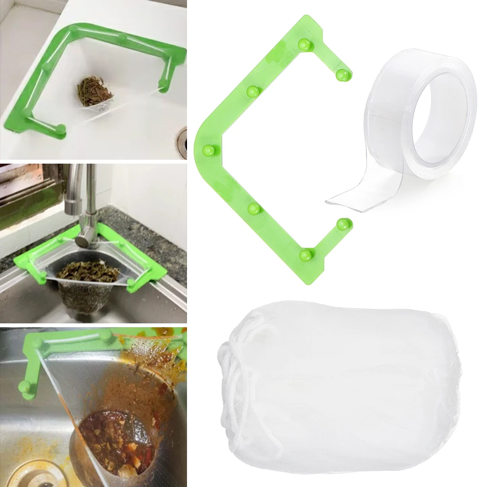 Triangle Tri-Holder Filter Sink Strainer Bag Leftovers Garbage Storage Rack Kitchen Hanging Fine Mesh Net Holder