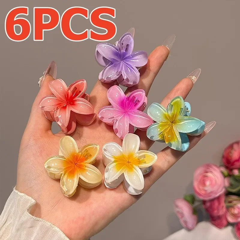 6 件套 Hawaiian Gradient Hair Clips Flower Hair Claws Small Size Fashion Headwear Hairpin Crab Barrette Hair Accessories for Women