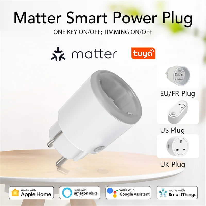 Matter Smart Plug with 16A Power Monitoring and WiFi Support for Homekit Alexa Google Home Tuya Smart APP Wireless Control