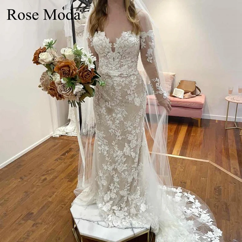 Rose Moda Off De Schouder Lange Mouwen Lace Mermaid Trouwjurken Ivoor En Champagne Boho Bruidsjurk Echte Foto