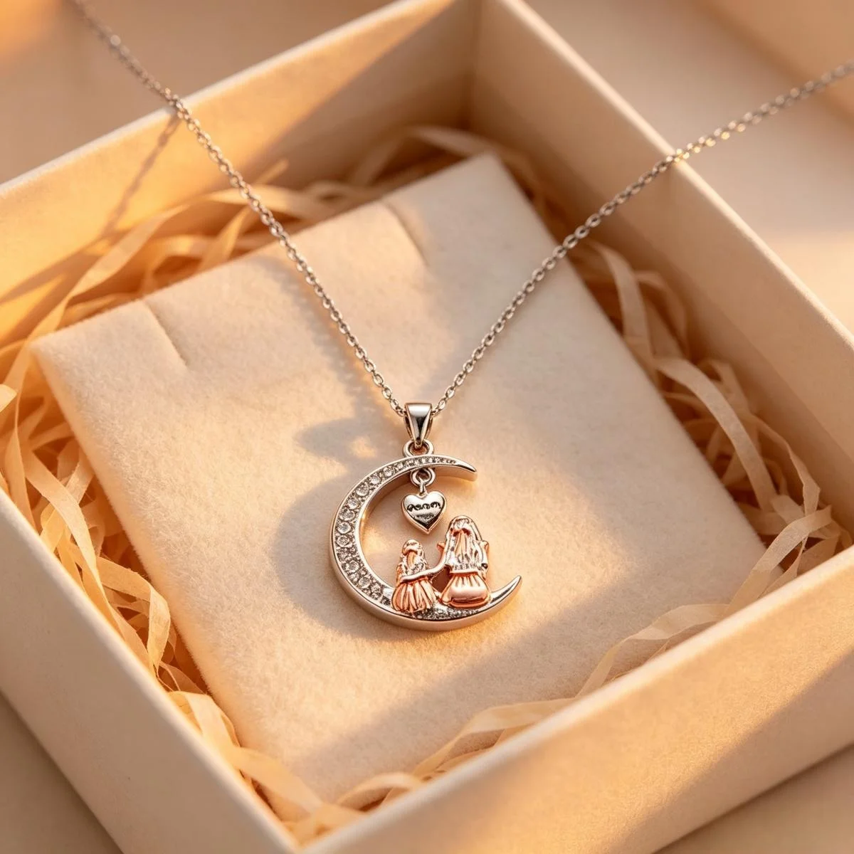 Heart Moon Pendant Necklace Mom Daughter Love Forever Sentimental Jewelry Mother's Day Gift from Daughter for Mom
