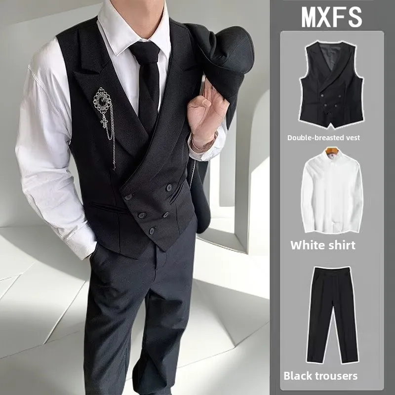 

Bla Slim Fit Suit Vest Men's Set Faionable Brand Gunloe Waist-Cinching Busin Casual Sle Double-Button Closure