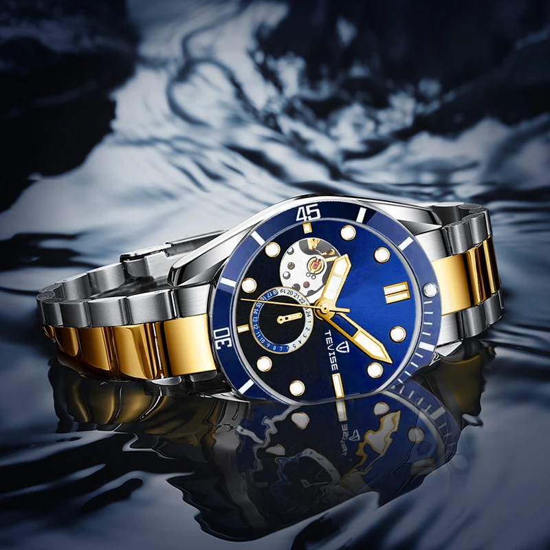 TEVISE ساعة ميكانيكية أوتوماتيكية عصرية كاجوال بحزام من الفولاذ المقاوم للصدأ هيكل عظمي ساعة مضيئة 24 ساعة مقاومة للماء