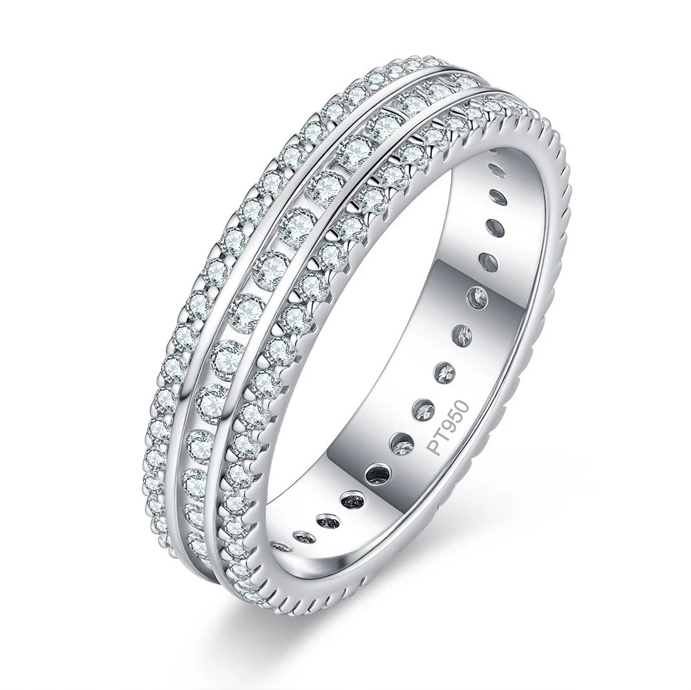 Lumira Platinum PT950 Fashion Women's Full Moissanite Ring, Hip-hop Dazzling 3-row Diamond-studded Wedding Rings