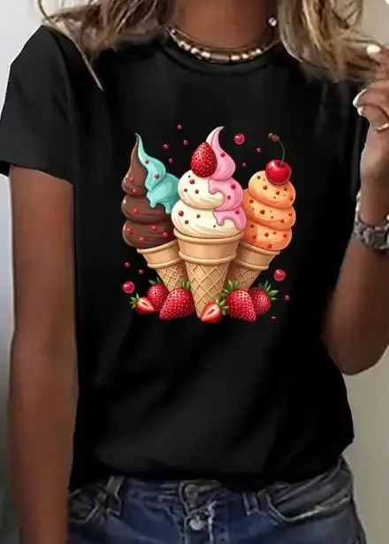 2026 Women Summer Casual Graphic T-Shirt, Effortless Chic Cute Kawaii Ice Cream & Strawberry Print Tee, Crew Neck Short Sleeve Versatile Tops For Daily Outfit