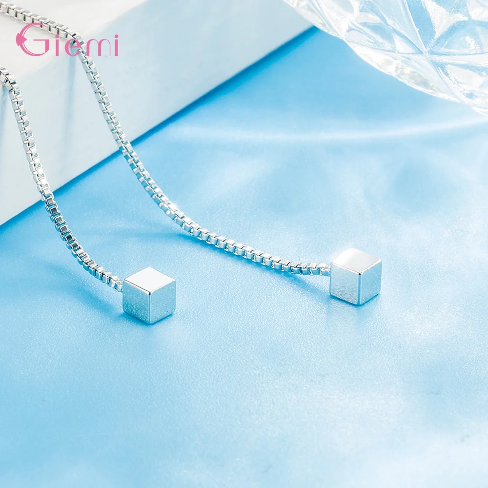 Long Tassel Chain Cube Pendant Dangle Earrings For Women Hot Sale Ear Dangle Jewelry Genuine 925 Sterling Silver Orecchini